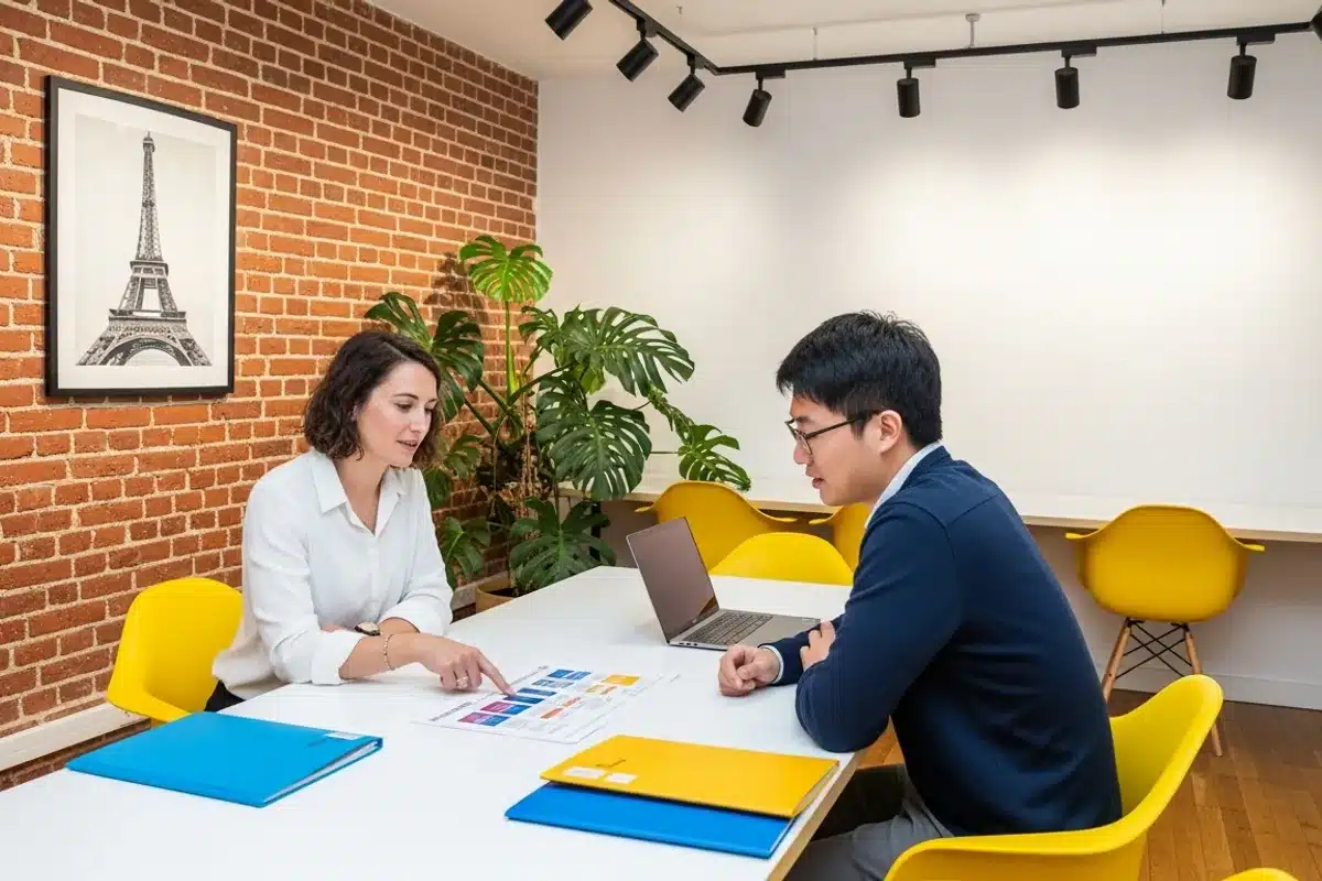 TEF vs TCF — two students comparing TEF and TCF exam formats and scoring with study materials