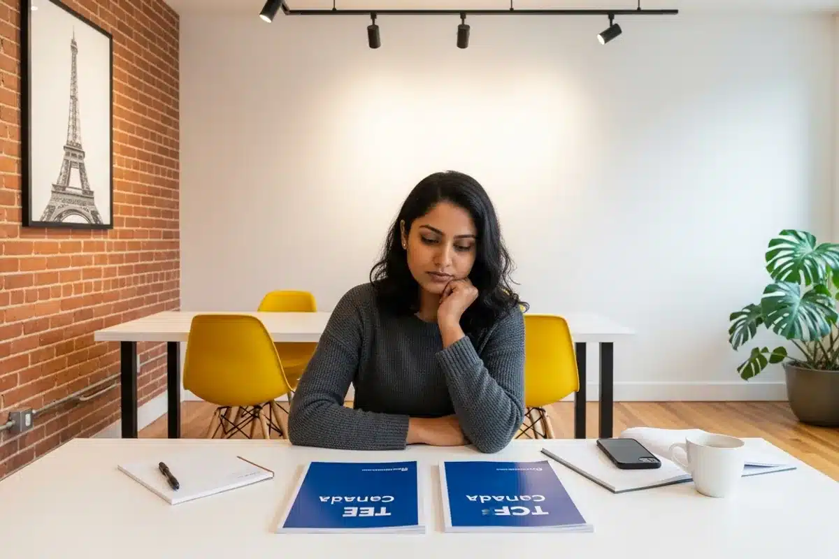 TEF vs TCF — student comparing TEF Canada and TCF Canada exam booklets to decide which French test to take