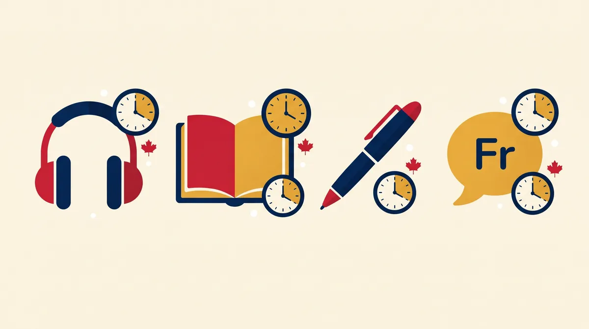 Illustration: four icons for the TEF Canada tests, headphones, a book, a pen and a speech bubble, each with a clock
