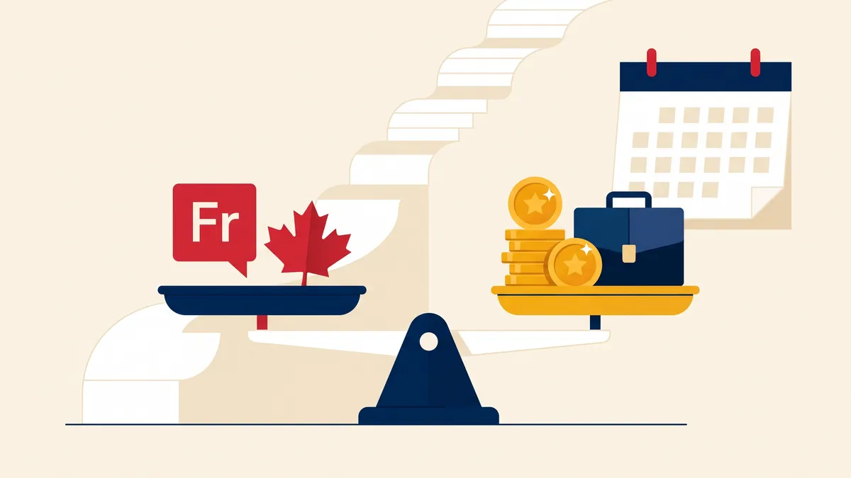 Illustration of a scale weighing French language skills against job offer points for the 2026 Express Entry changes