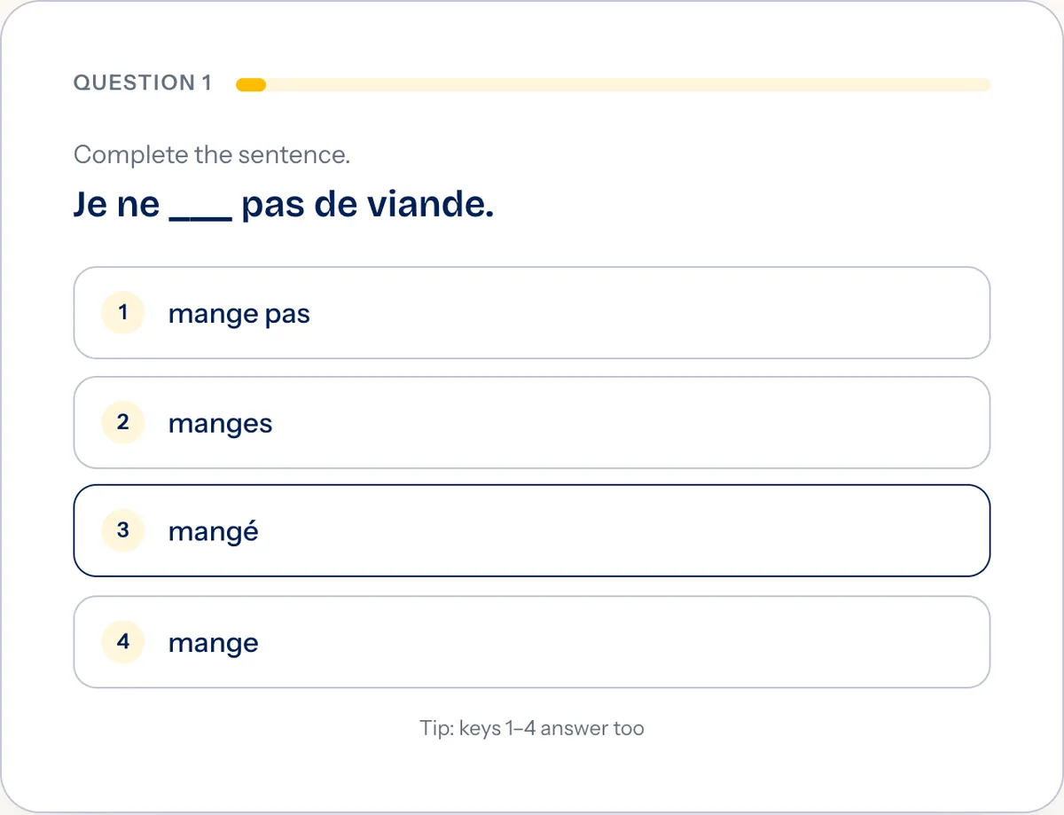 A question from the French test: complete the sentence, four answer choices