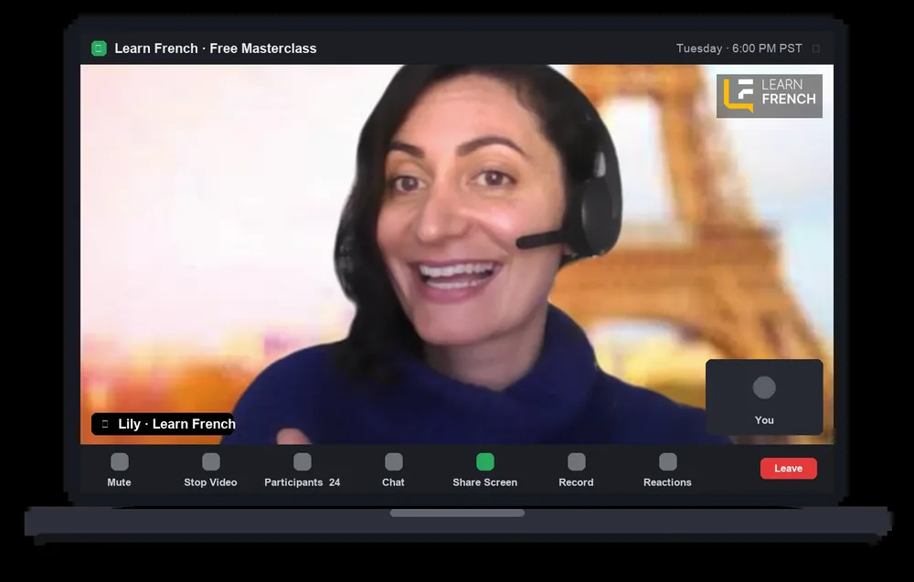 A Learn French teacher leading a live online class on Zoom