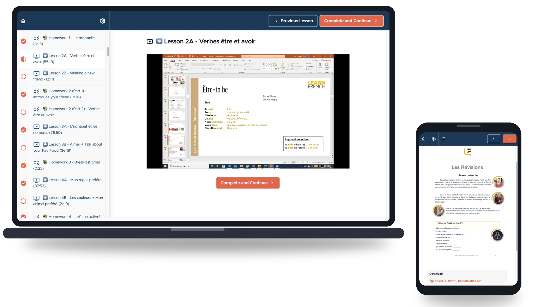 The Self-Study TEF/TCF course on a laptop and phone: real lessons, homework and revision sheets